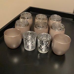 Bundle of 16. 8 mercury glass votive holders and 8 silver/grey candle holders